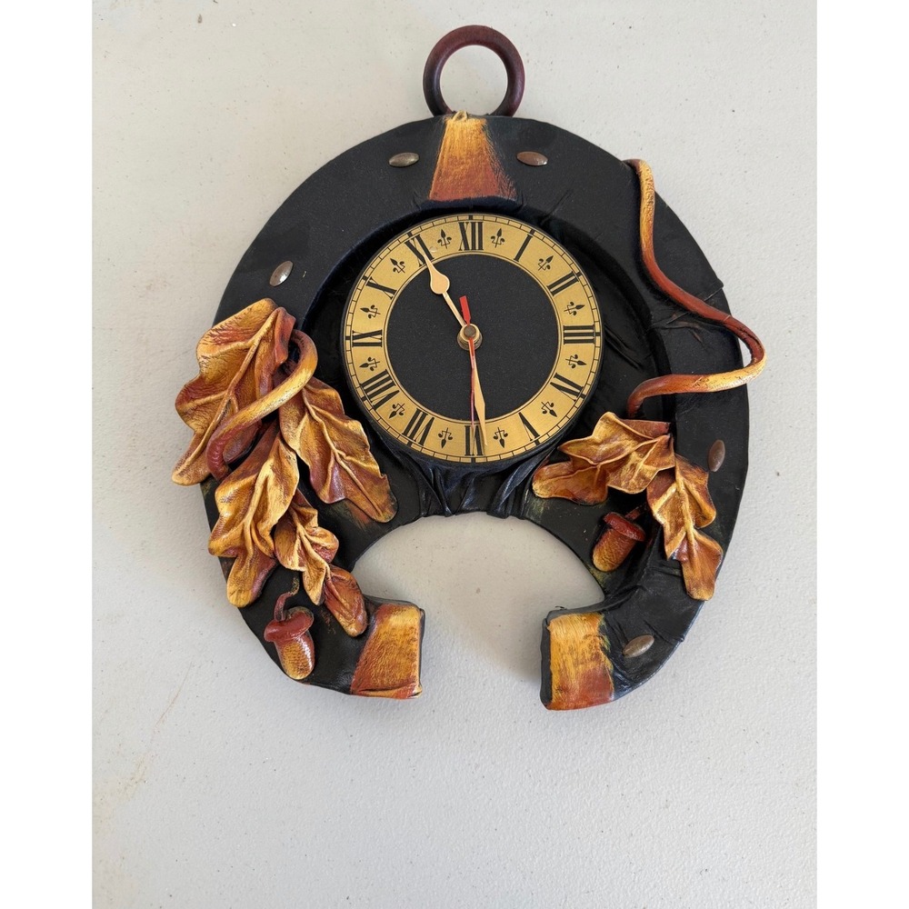 Vintage Handcrafted Leather Horseshoe Wall Clock Acorns Leaves Folk Art 13"